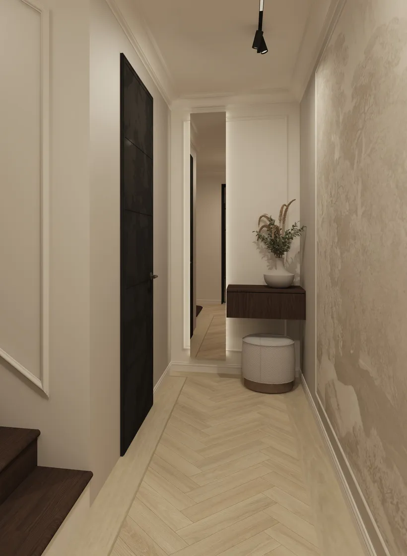 Travertine and oak detail